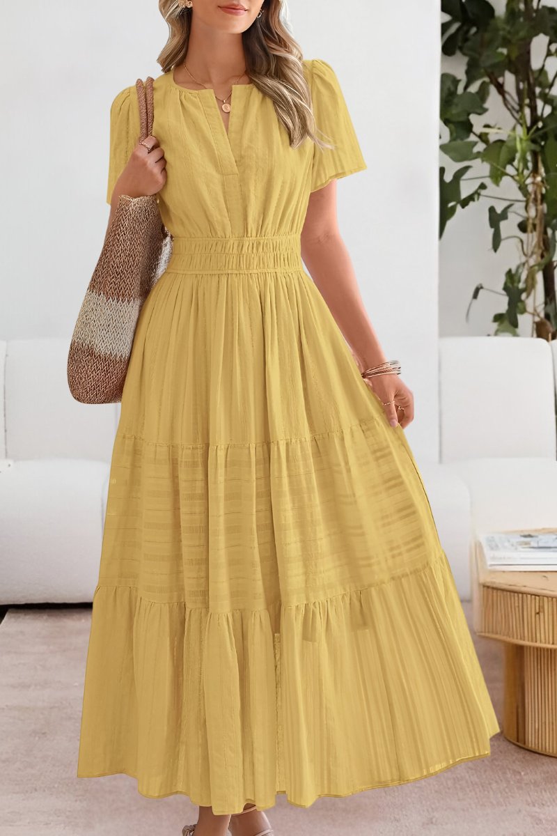 Boho Maxi Dress Tiered Summer Short Sleeve - Yellow