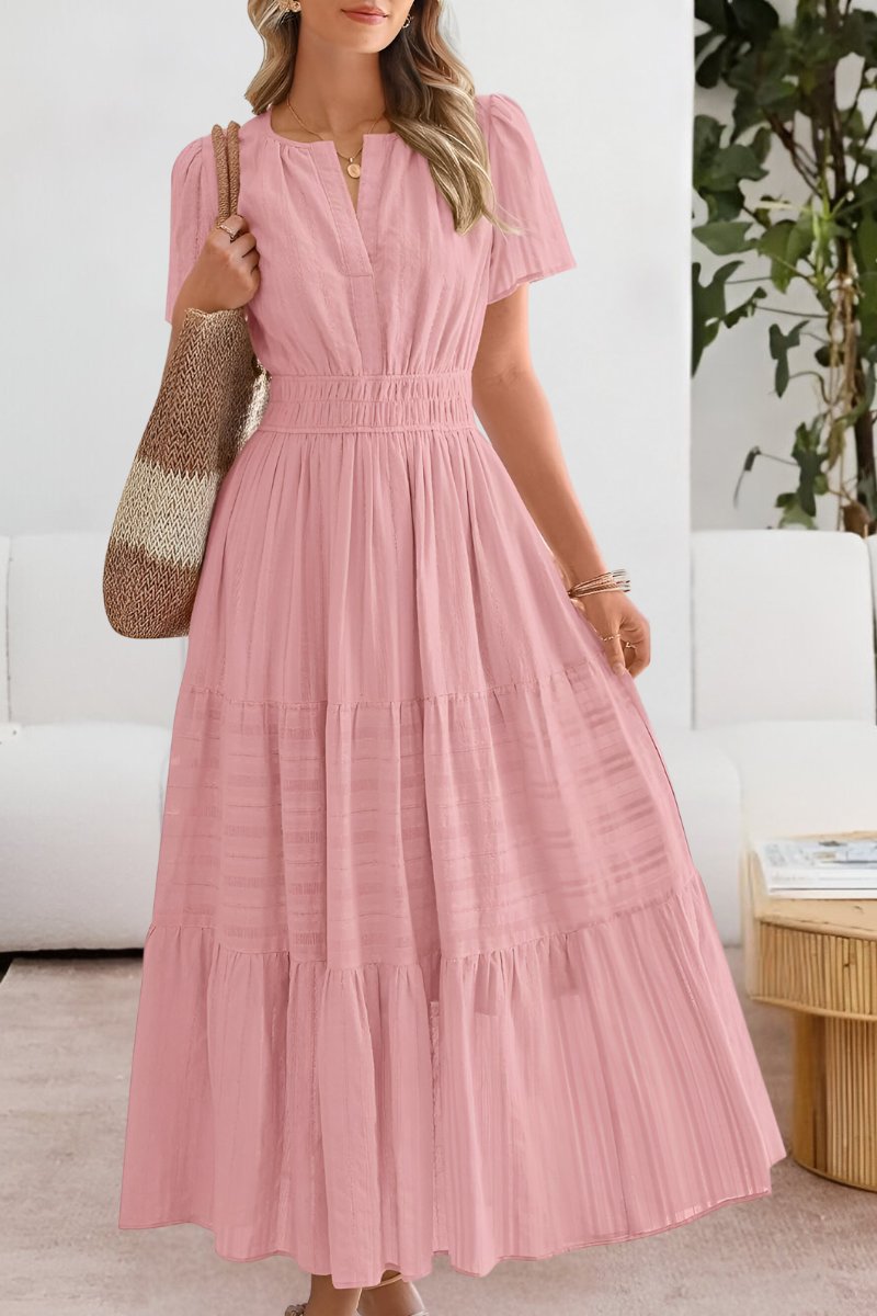 Boho Maxi Dress Tiered Summer Short Sleeve - Pink