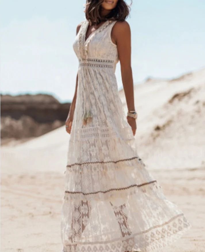 Boho Maxi Dress V-Neck Draped with Drawstring