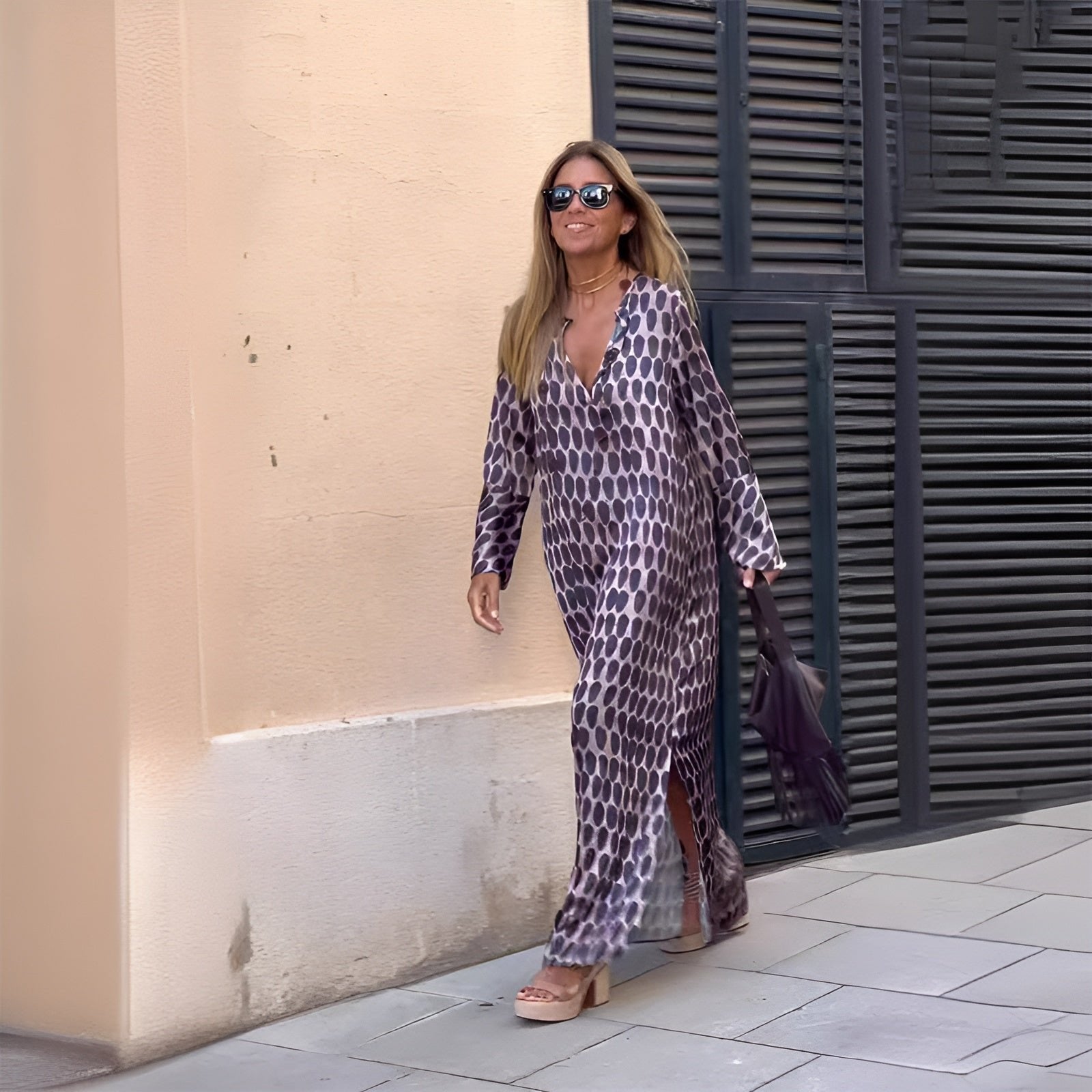 Boho Maxi Dress V-Neck Long Sleeve Printed - Purple