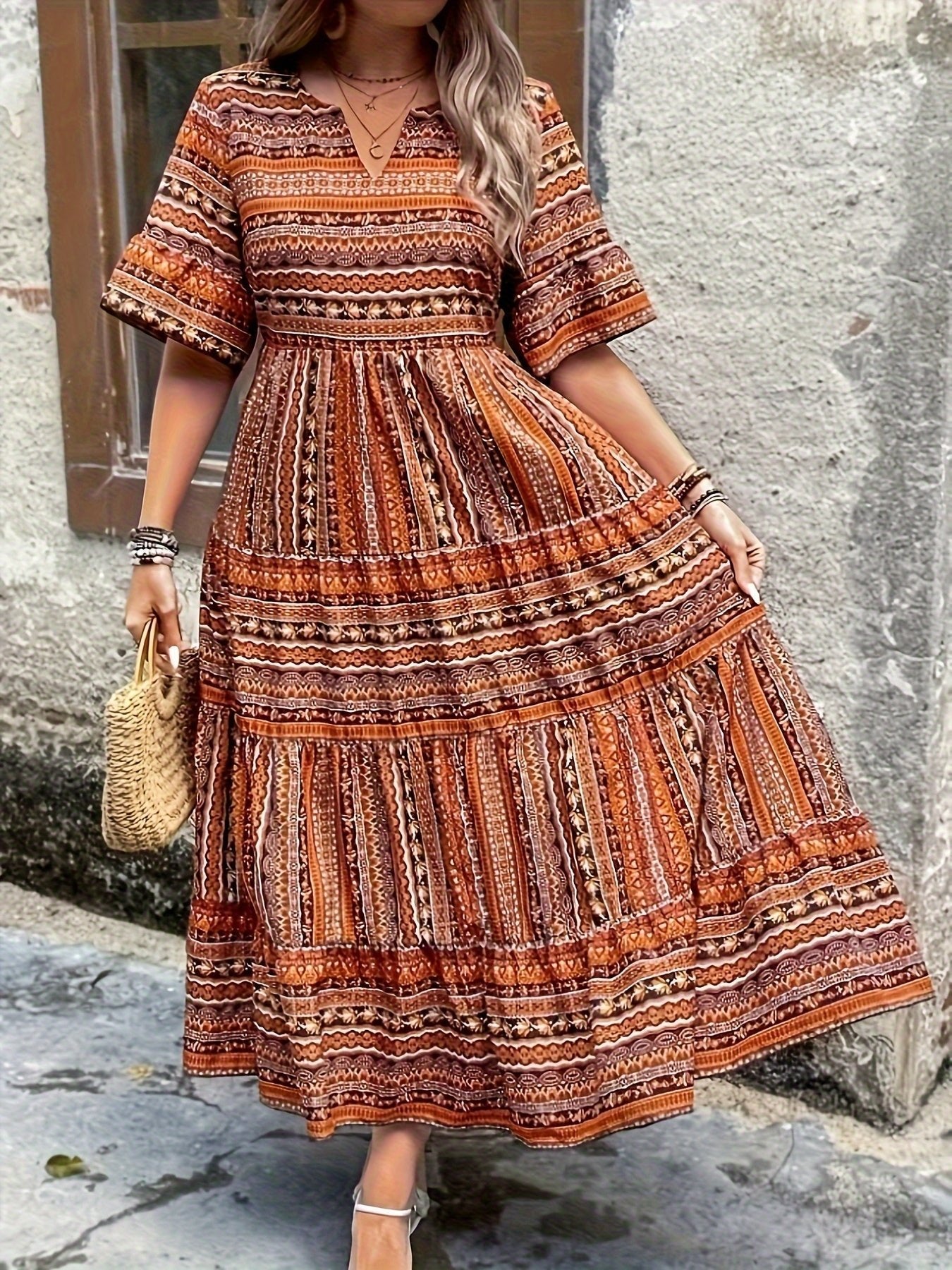 Boho Maxi Dress V-Neck Tiered Ethnic Print - Brown