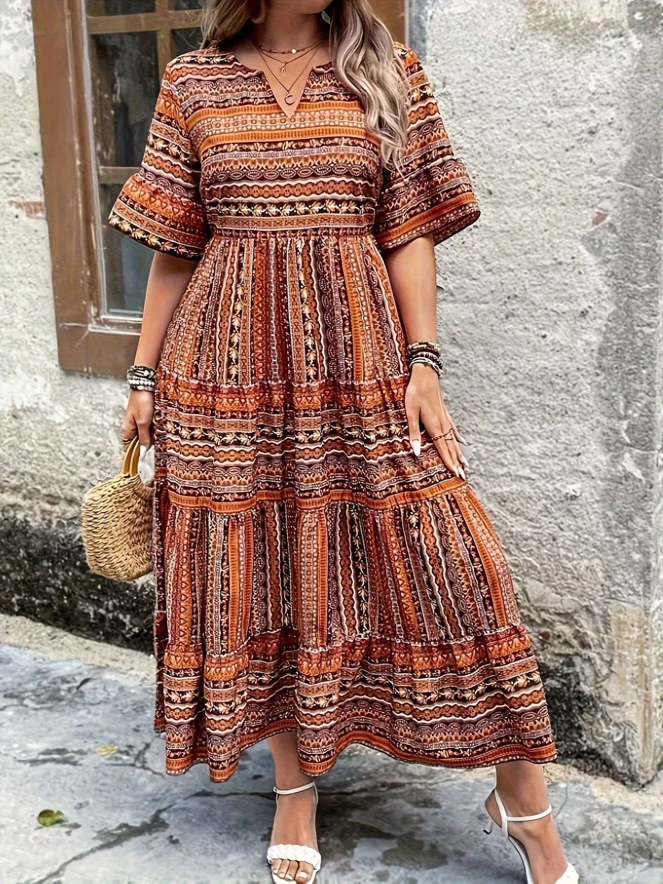 Boho Maxi Dress V-Neck Tiered Ethnic Print