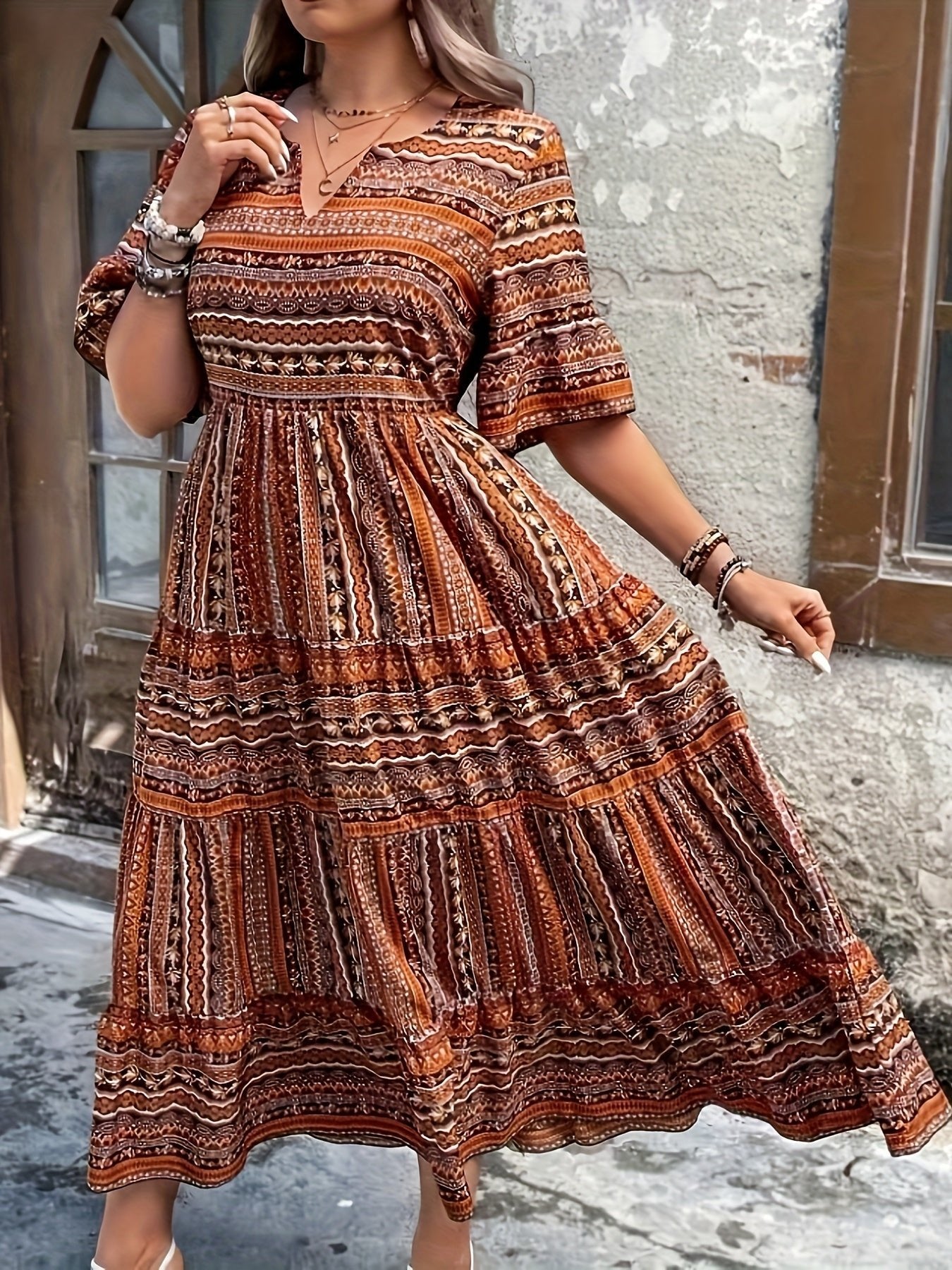 Boho Maxi Dress V-Neck Tiered Ethnic Print
