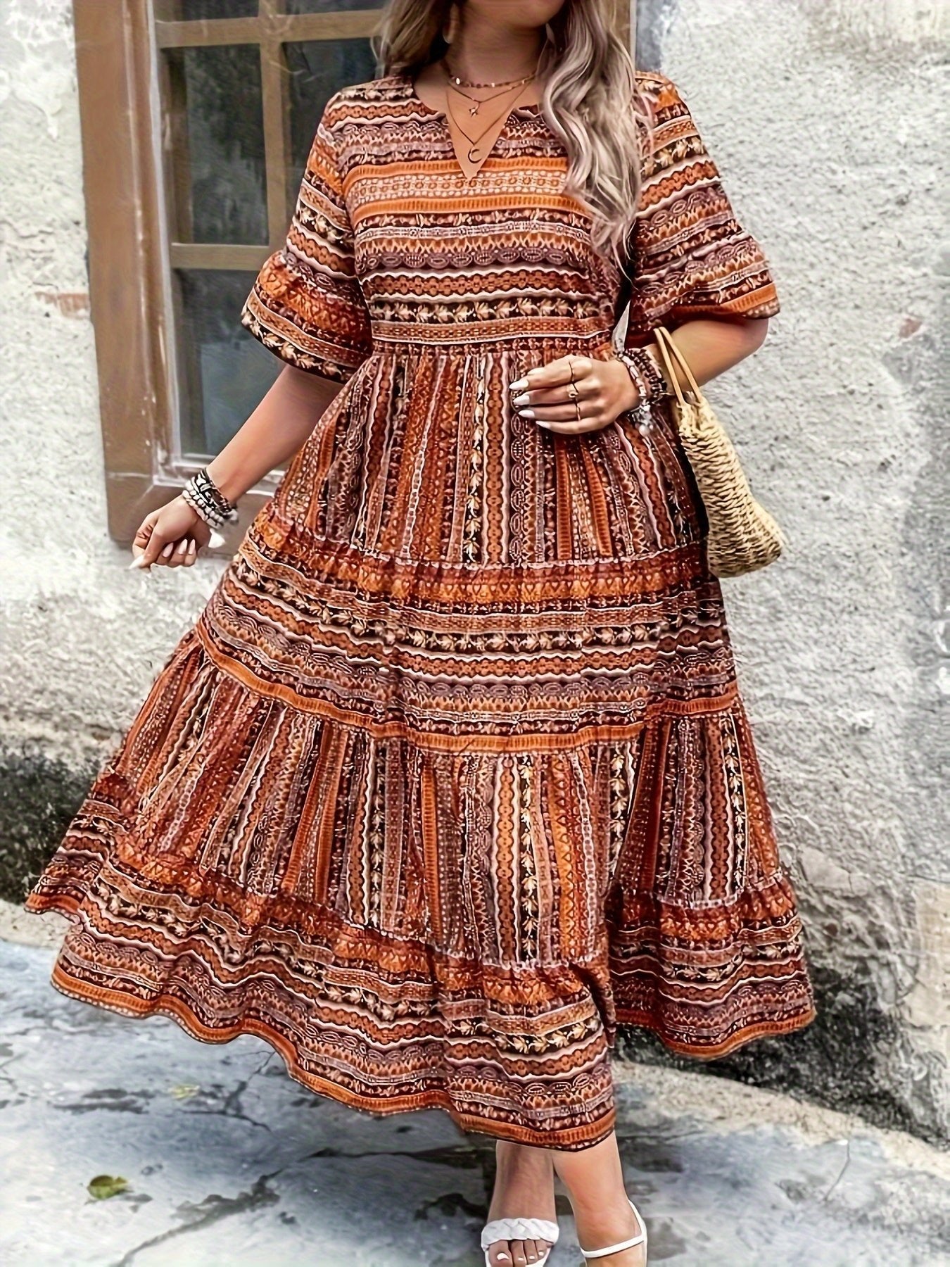Boho Maxi Dress V-Neck Tiered Ethnic Print