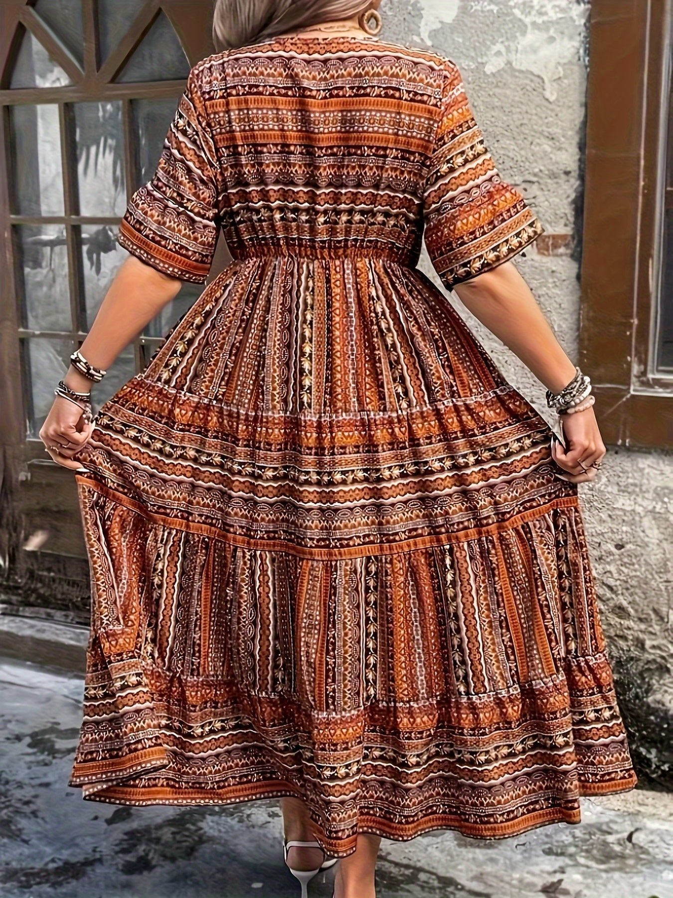 Boho Maxi Dress V-Neck Tiered Ethnic Print