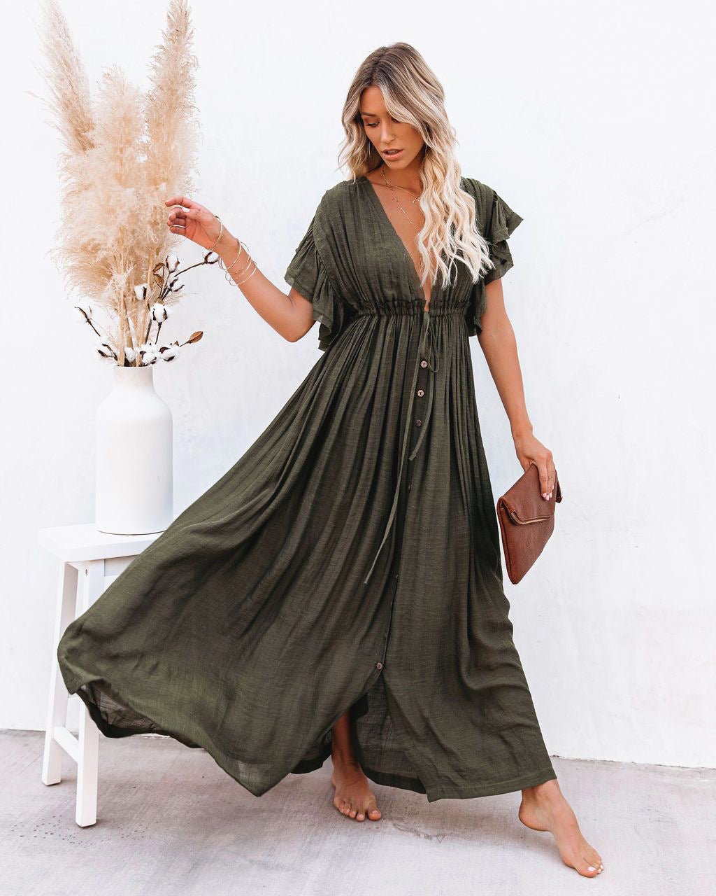 Boho Maxi Dress V-Neck Wrap Style Flutter Sleeves - Army Green