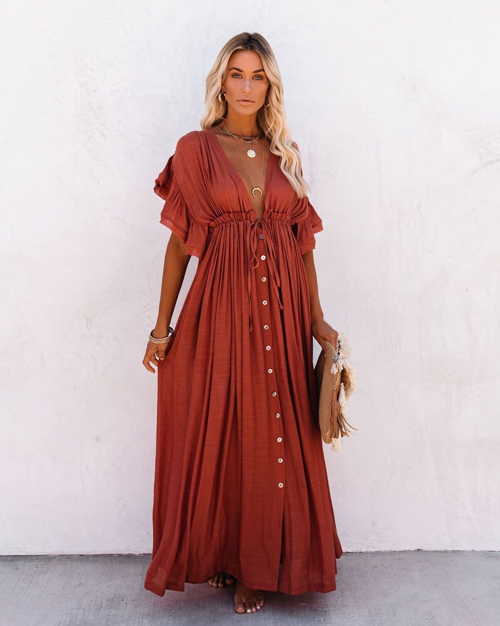 Boho Maxi Dress V-Neck Wrap Style Flutter Sleeves - Rust