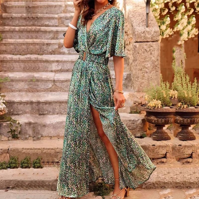 Boho Maxi Wrap Dress V-Neck Summer - Green