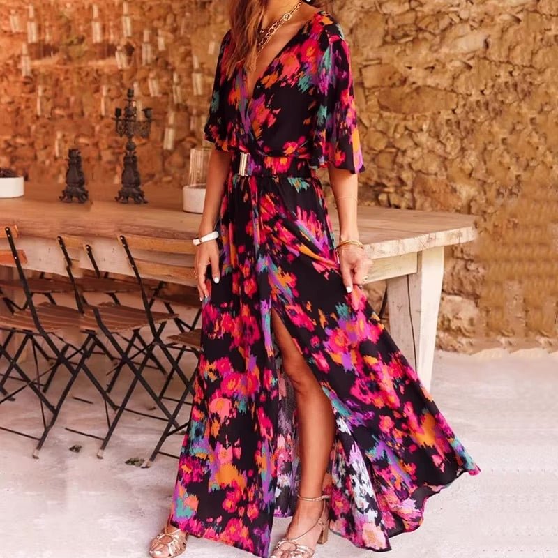 Boho Maxi Wrap Dress V-Neck Summer - Black