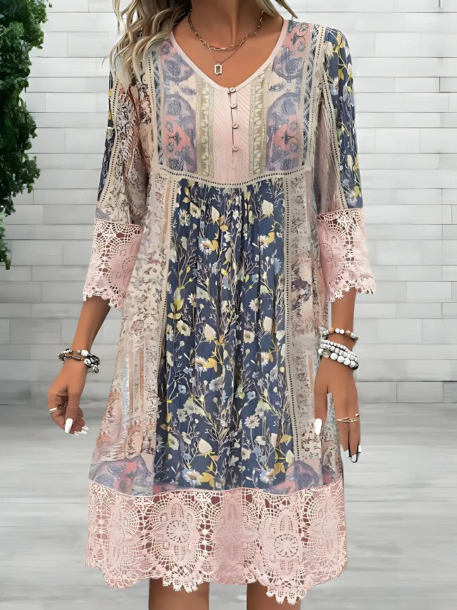 Boho Midi Dress V-Neck Floral Lace Detail - White