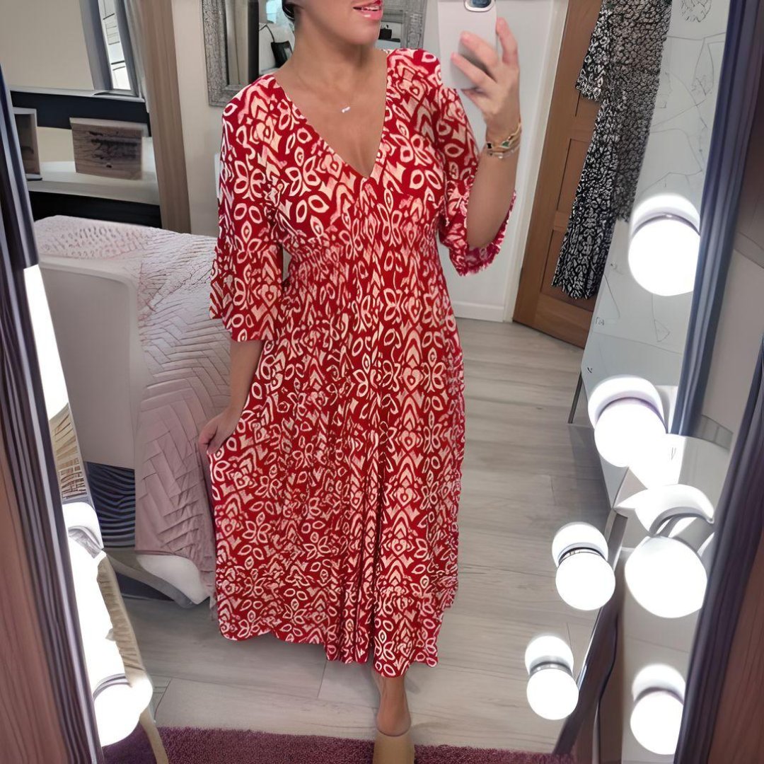 Boho Midi Dress V-Neck Three Quarter Sleeve Printed - Red