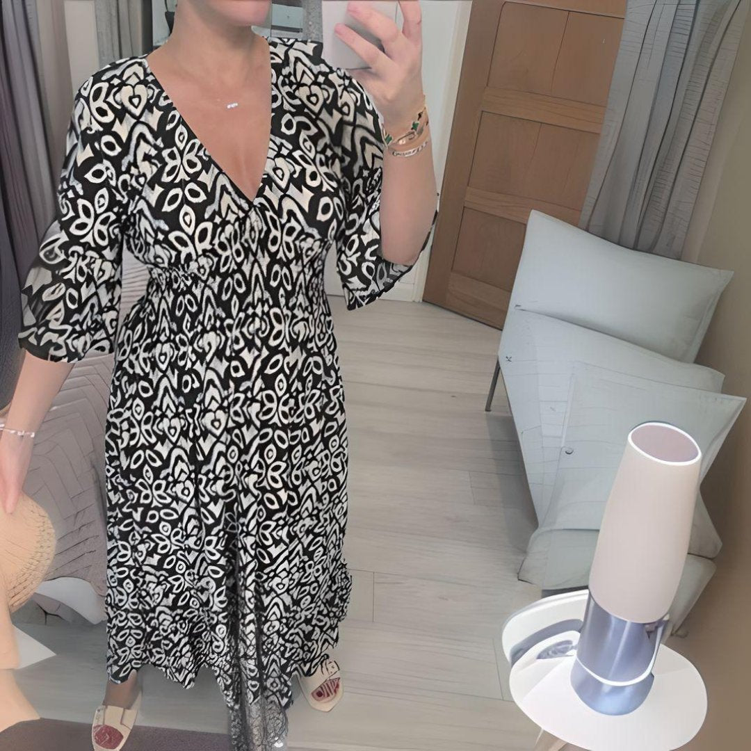 Boho Midi Dress V-Neck Three Quarter Sleeve Printed - Black