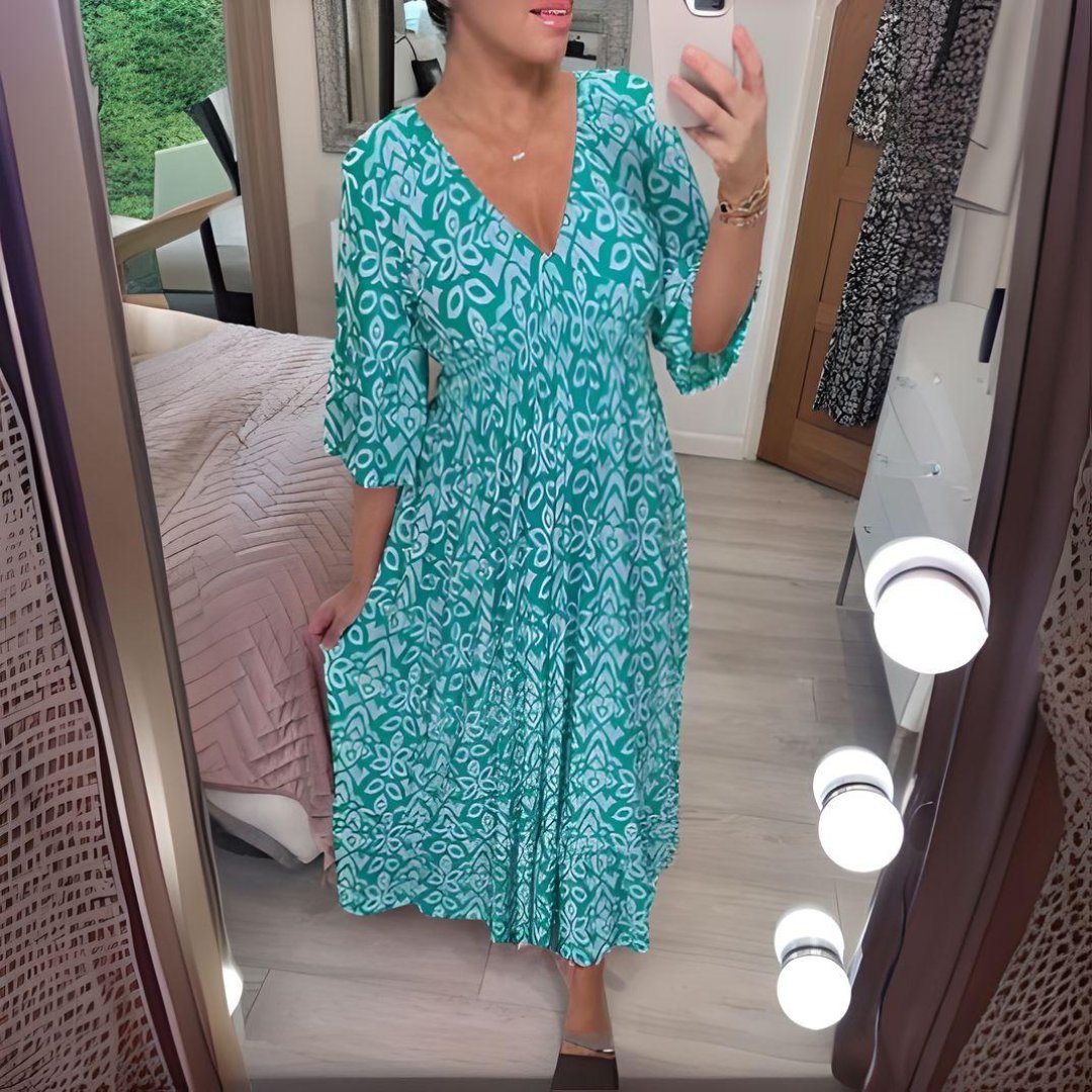 Boho Midi Dress V-Neck Three Quarter Sleeve Printed - Aqua Blue