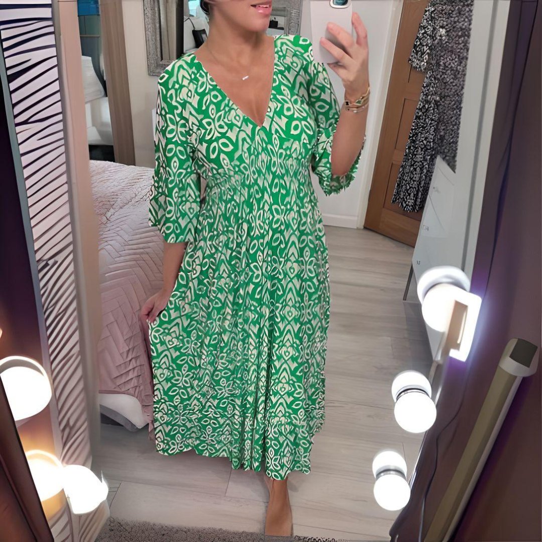 Boho Midi Dress V-Neck Three Quarter Sleeve Printed - Green