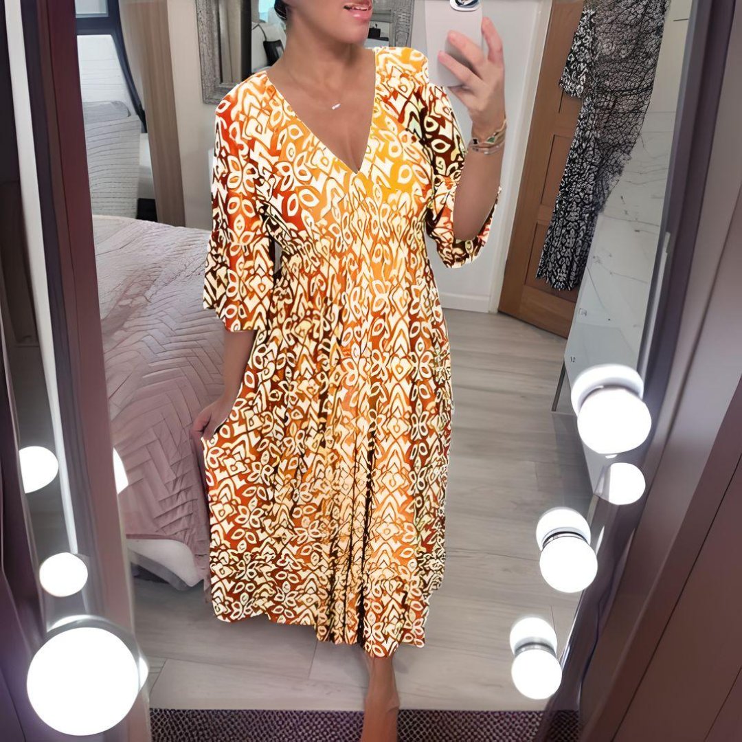Boho Midi Dress V-Neck Three Quarter Sleeve Printed - Yellow
