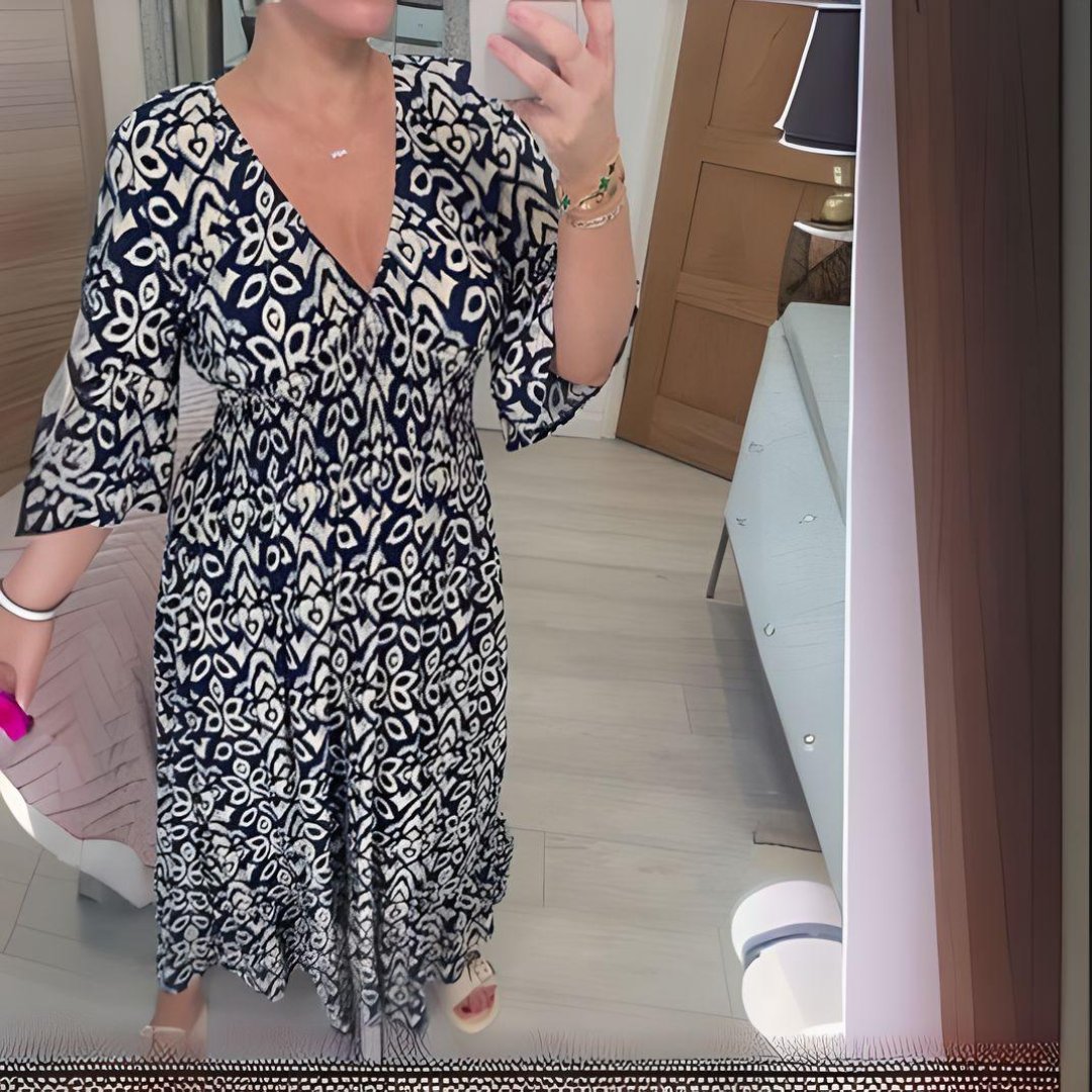 Boho Midi Dress V-Neck Three Quarter Sleeve Printed - Blue
