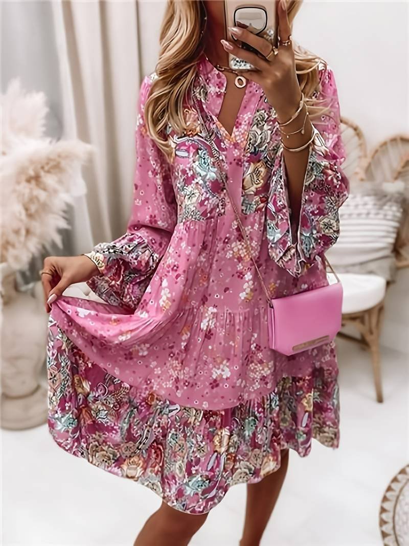 Boho Mini Dress Floral Print V-Neck Long Sleeve - Pink