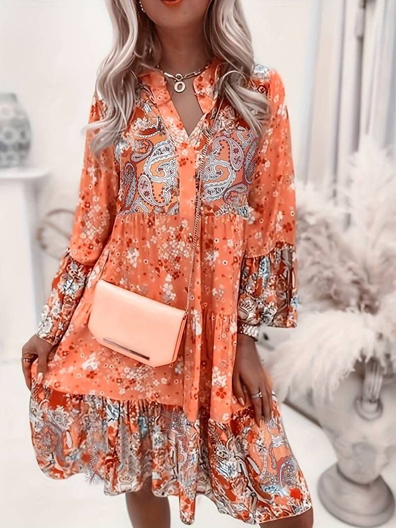 Boho Mini Dress Floral Print V-Neck Long Sleeve - Orange