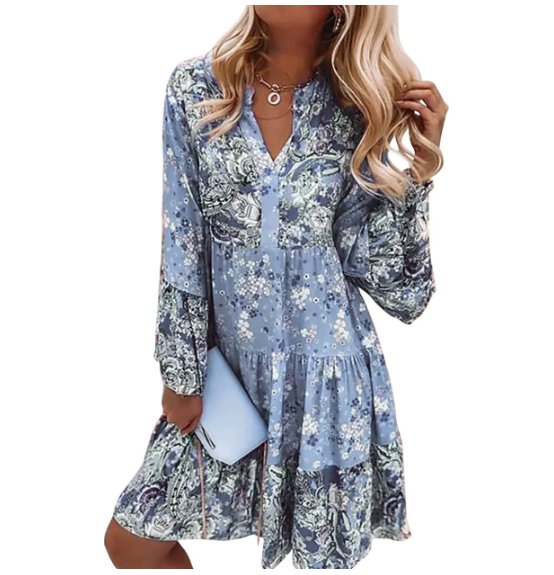Boho Mini Dress Floral Print V-Neck Long Sleeve - Blue