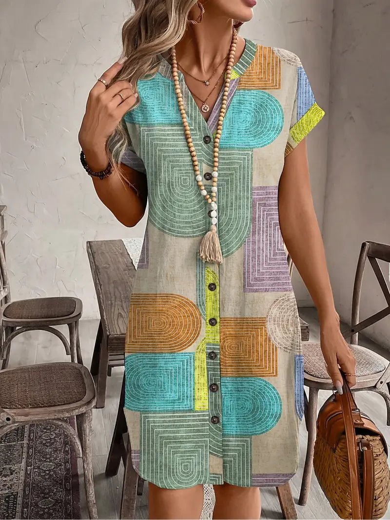 Boho Mini Dress Geometric Print Button Front V-Neck - Multicolor