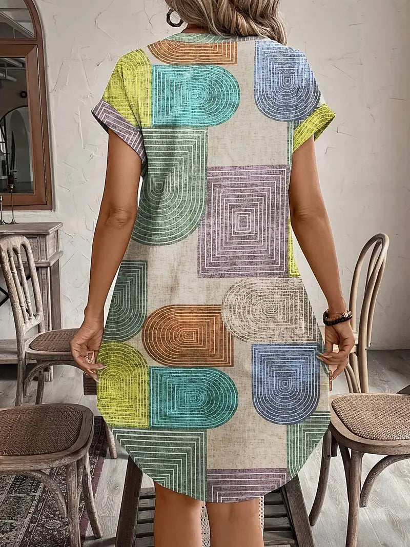 Boho Mini Dress Geometric Print Button Front V-Neck