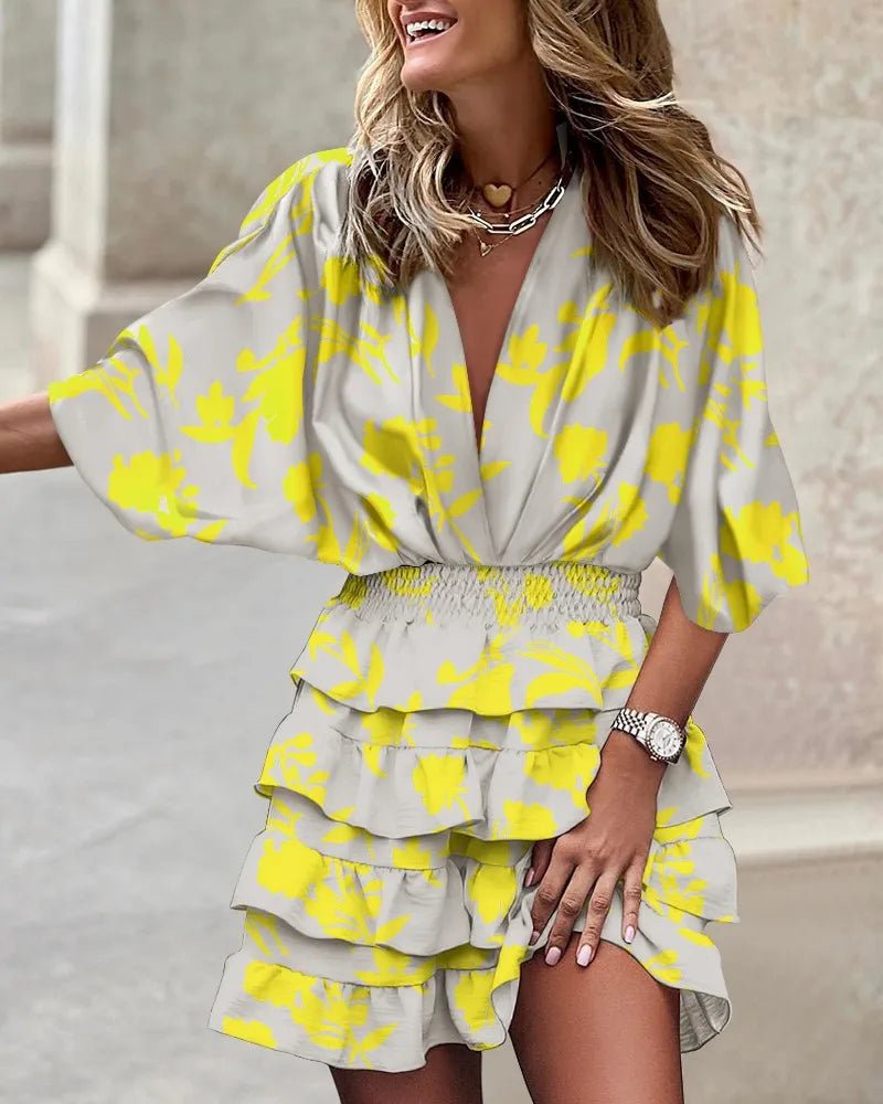 Boho Mini Dress V-Neck Smocked Waist Tiered Ruffle - Yellow