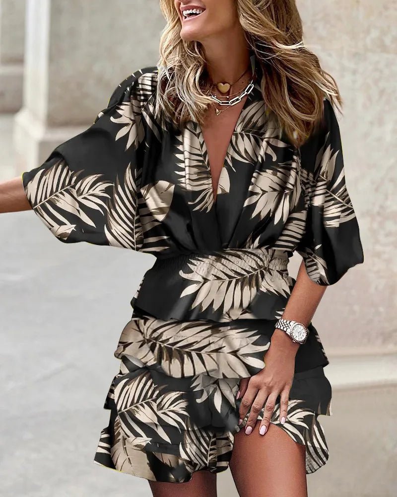 Boho Mini Dress V-Neck Smocked Waist Tiered Ruffle - Black