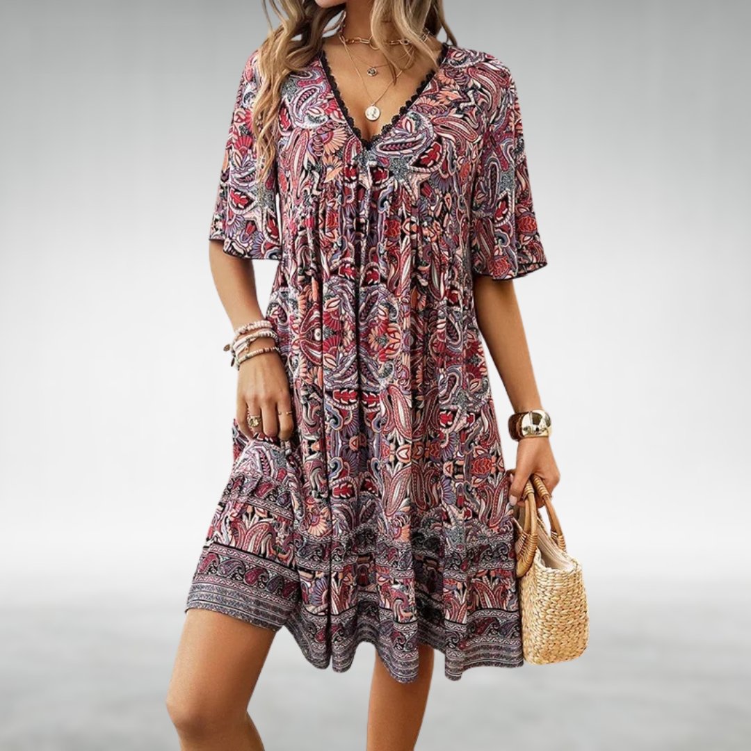 Boho Paisley Mini Dress V-Neck Short Sleeve - Red