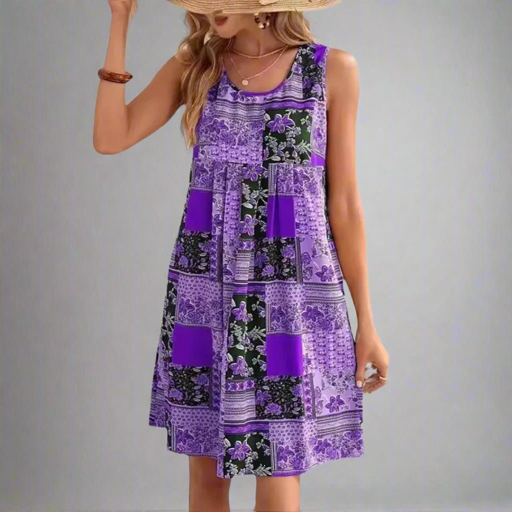 Boho Patchwork Mini Dress Sleeveless Summer - Purple