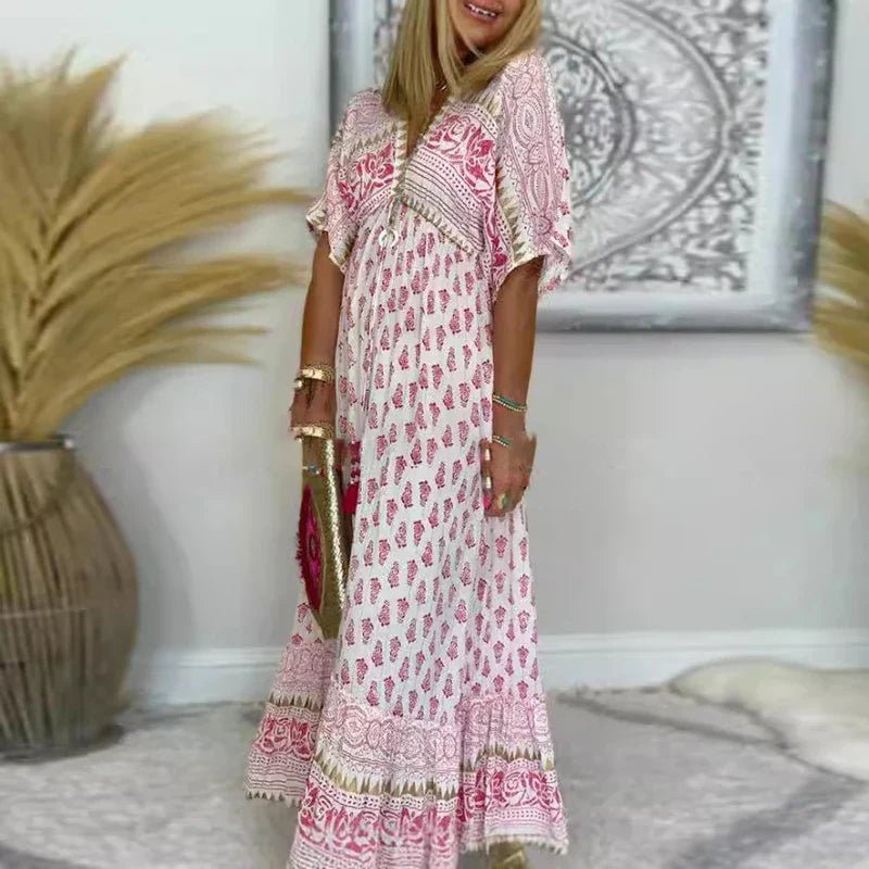 Boho Print Maxi Dress Flowing Paisley - Pink