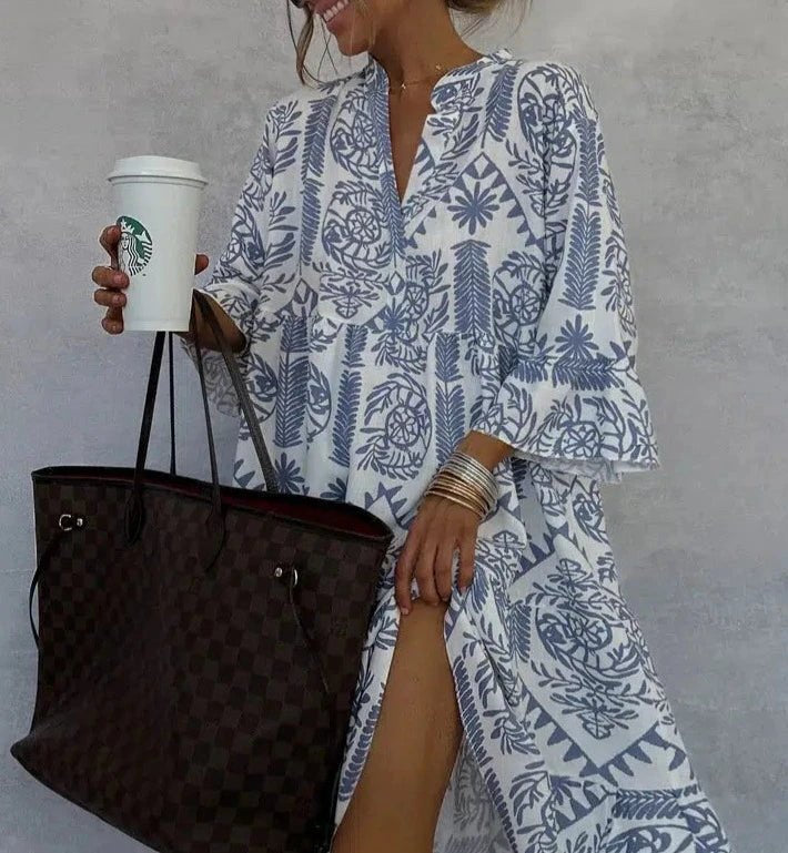 Boho Print V-Neck 3/4 Sleeve Swing Dress