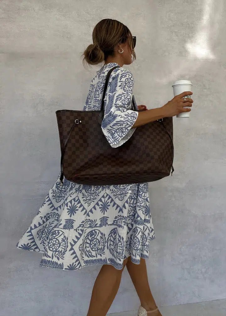 Boho Print V-Neck 3/4 Sleeve Swing Dress