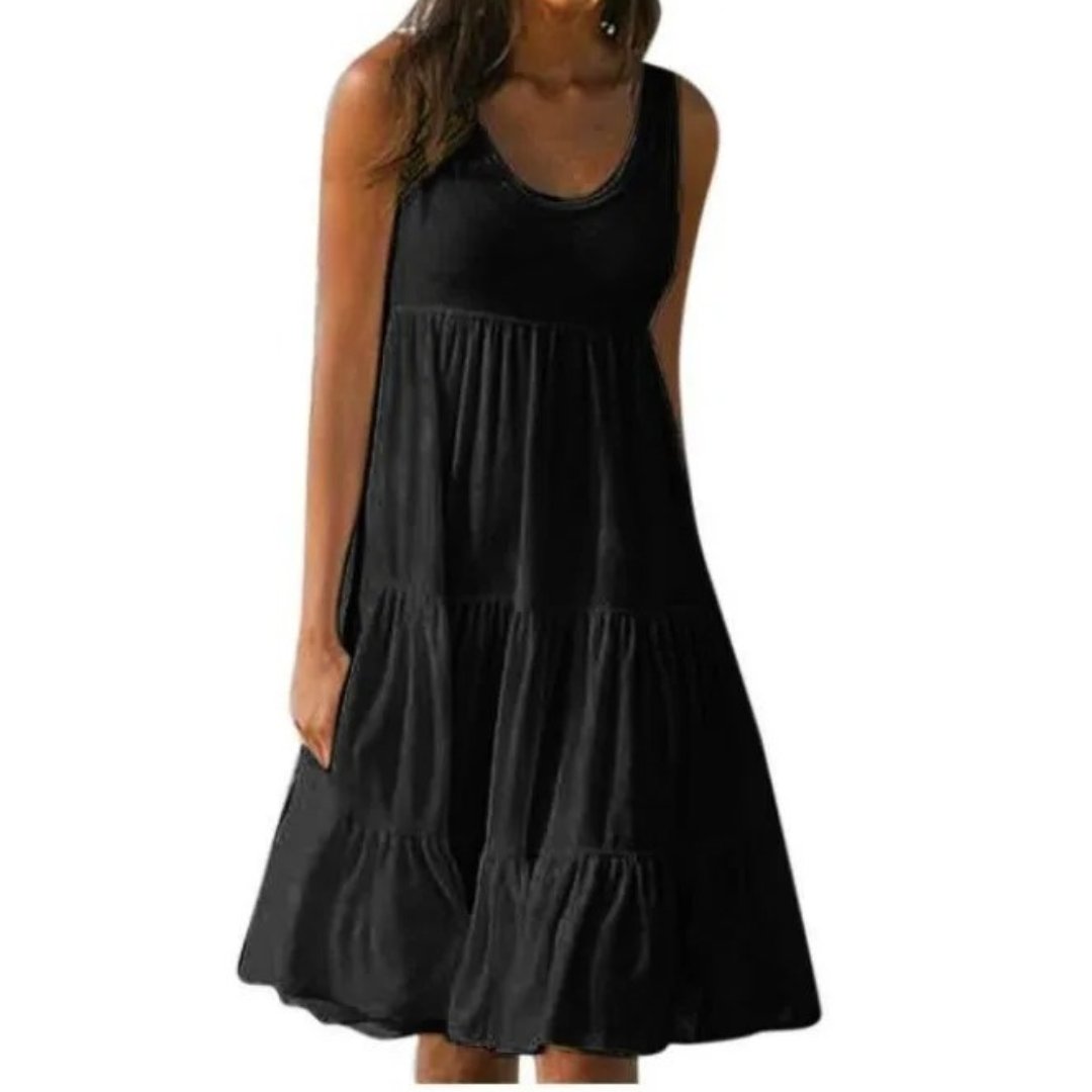 Boho Sleeveless Tiered Midi Dress Summer - Black