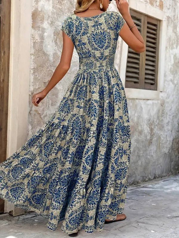Boho Smocked Maxi Dress V-Neck Tiered