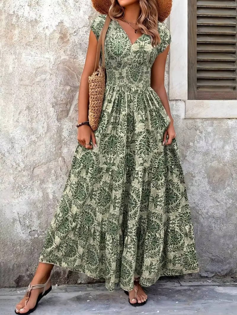 Boho Smocked Maxi Dress V-Neck Tiered - Green