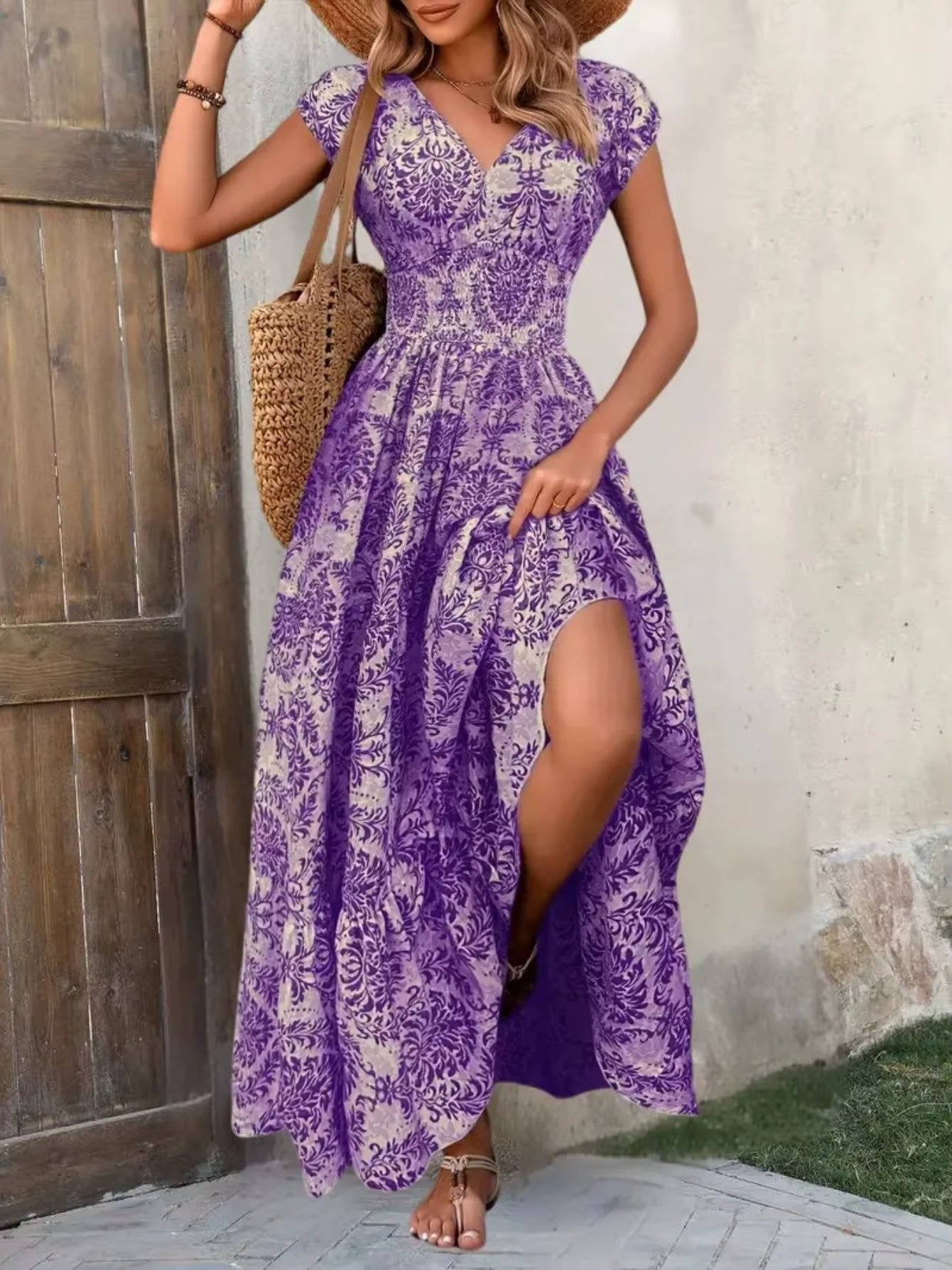 Boho Smocked Maxi Dress V-Neck Tiered - Dark violet