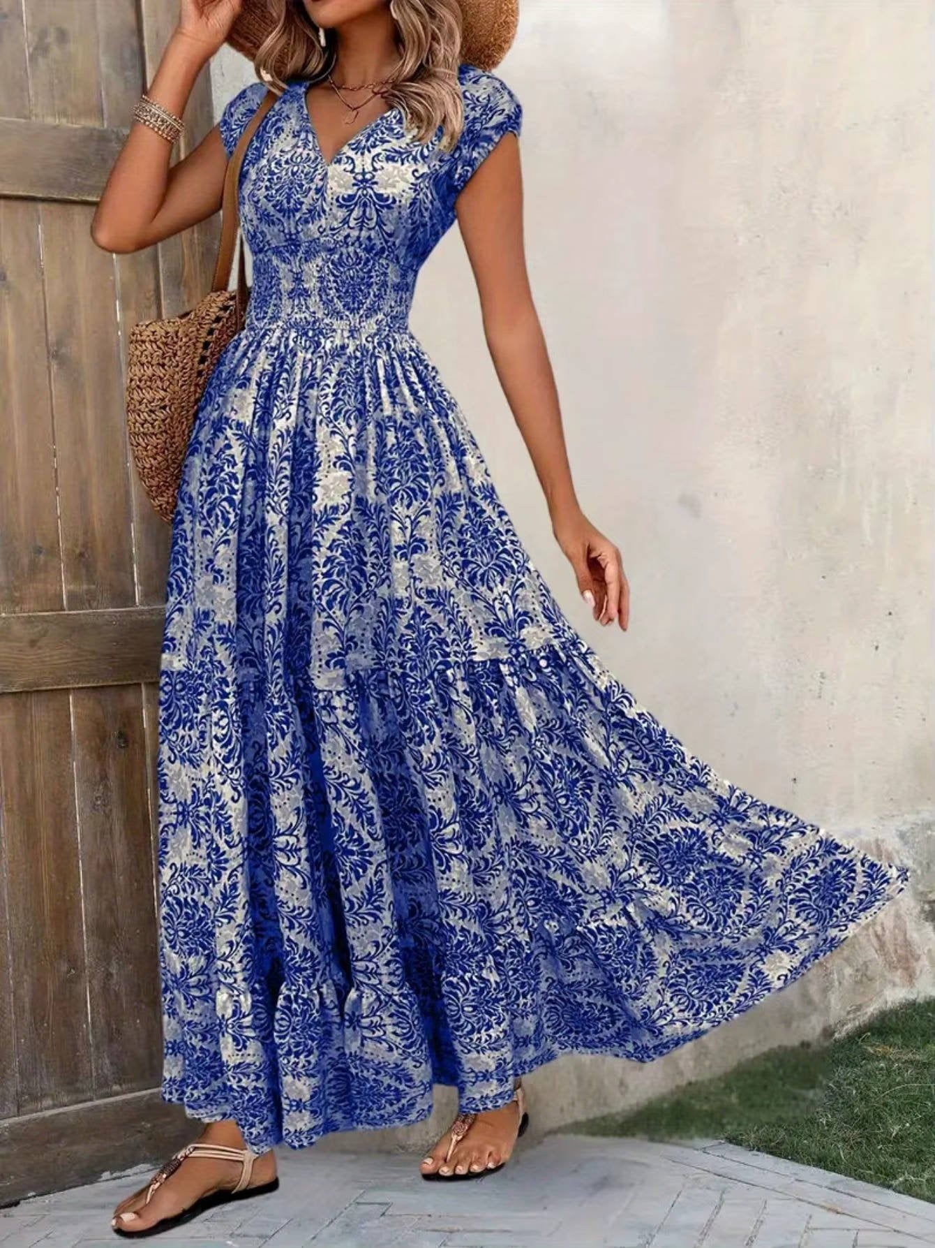 Boho Smocked Maxi Dress V-Neck Tiered - Royal blue