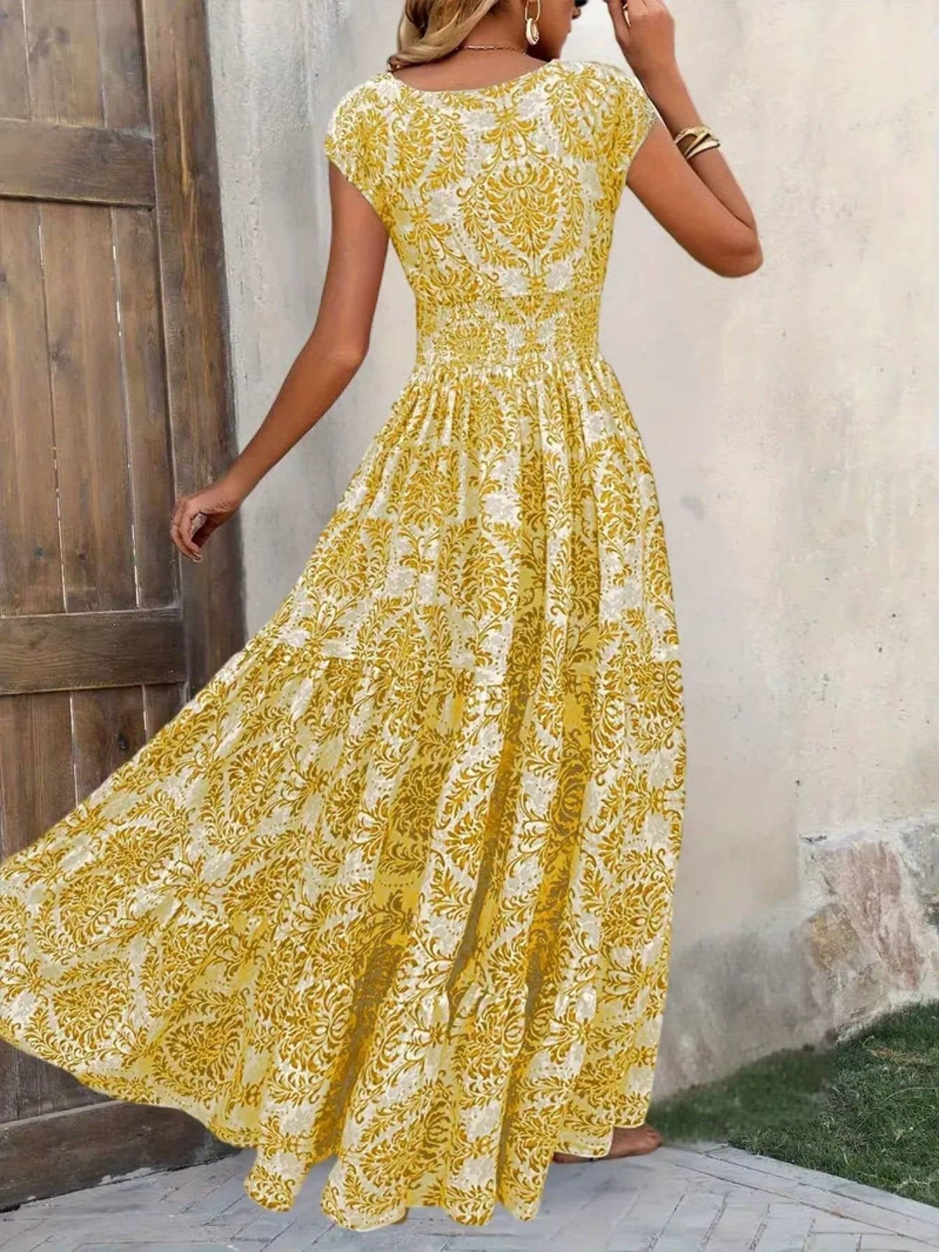 Boho Smocked Maxi Dress V-Neck Tiered - Gold