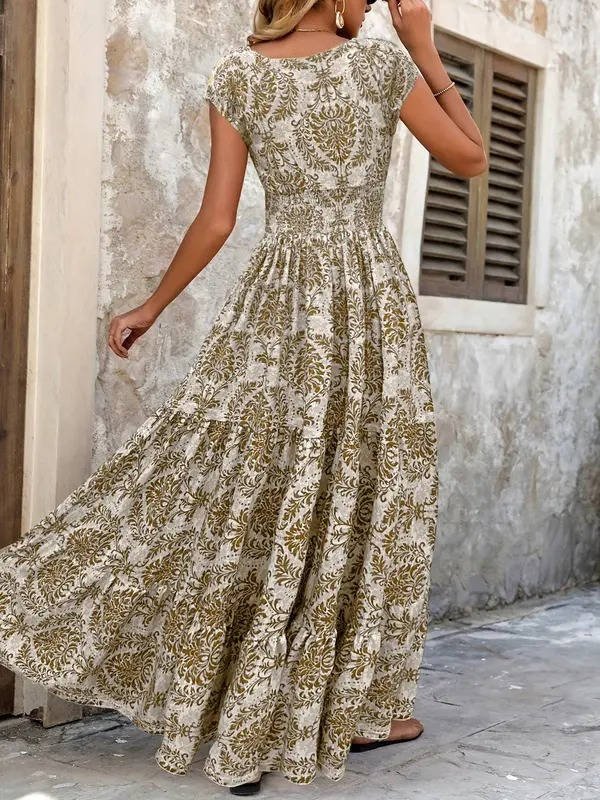 Boho Smocked Maxi Dress V-Neck Tiered