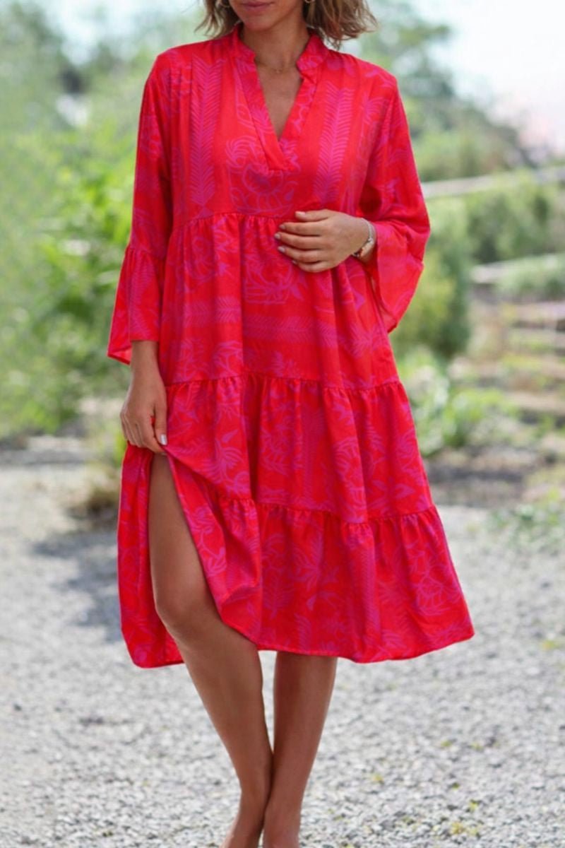 Boho Tiered Midi Dress V-Neck Long Sleeve - Red