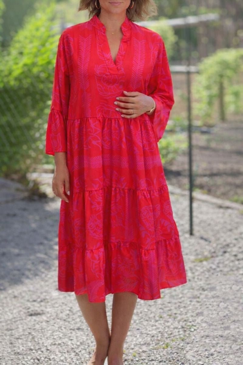 Boho Tiered Midi Dress V-Neck Long Sleeve