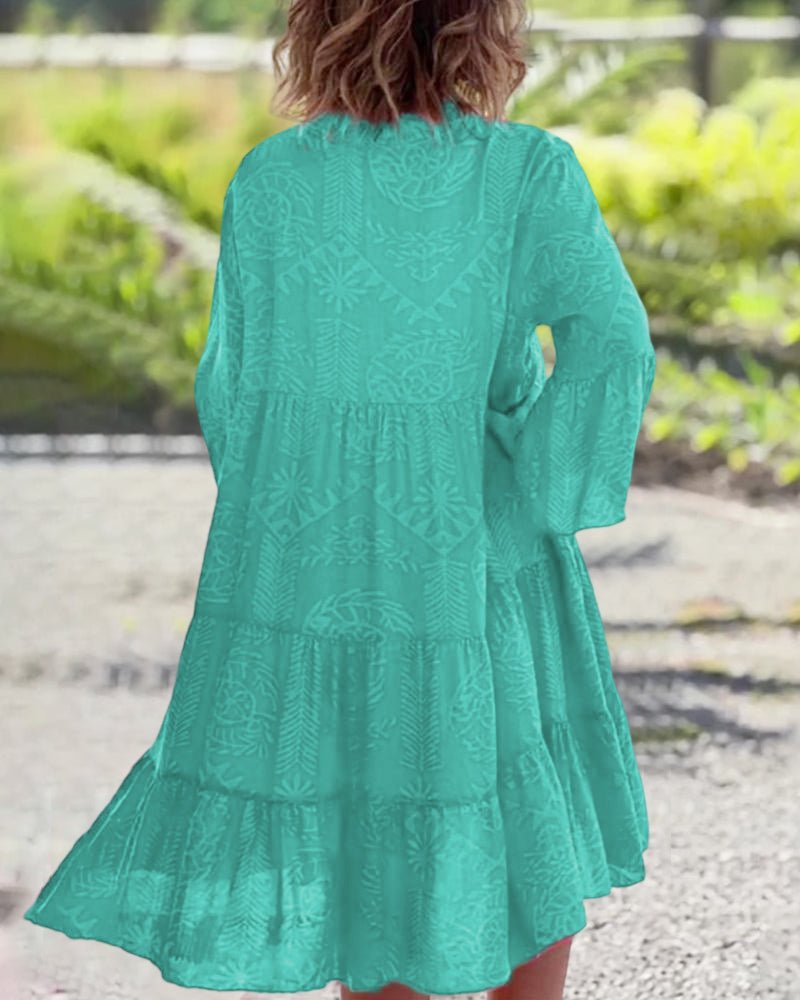 Boho Tiered Midi Dress V-Neck Long Sleeve