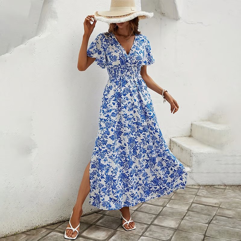 Boho V-Neck Maxi Dress Flowy Short Sleeve