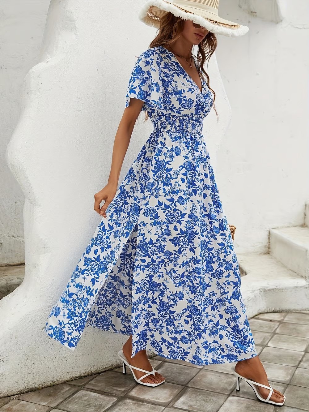 Boho V-Neck Maxi Dress Flowy Short Sleeve