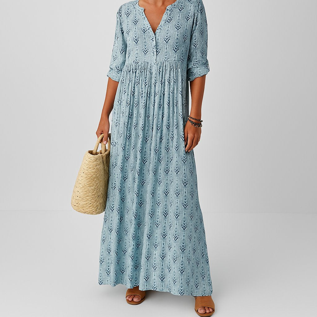 Boho V-Neck Maxi Dress Roll-Up Sleeves