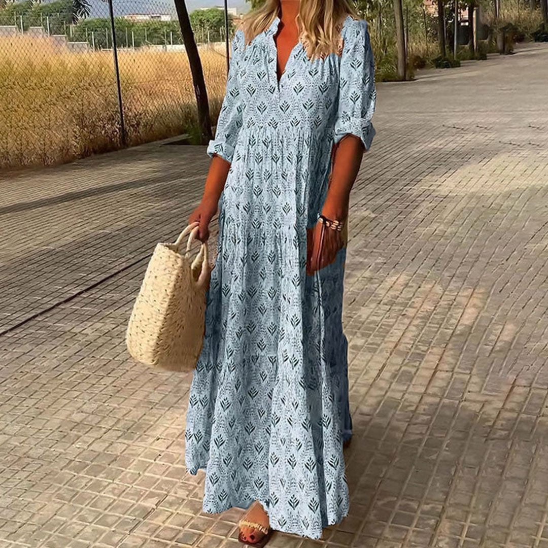 Boho V-Neck Maxi Dress Roll-Up Sleeves - Light Blue