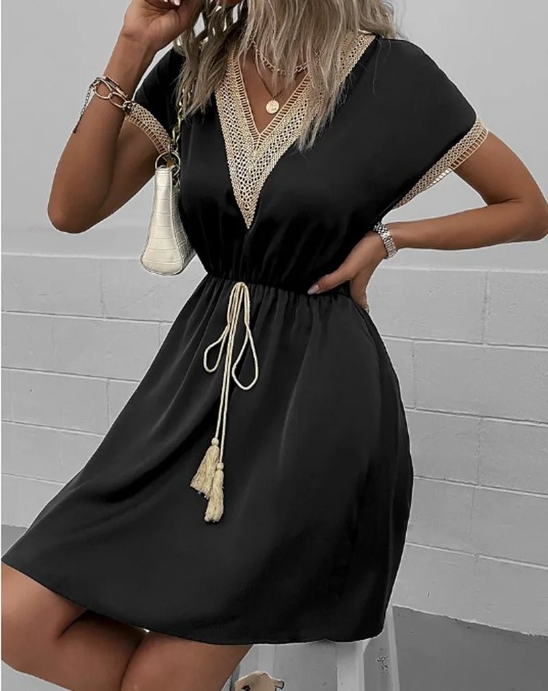 Boho V-Neck Midi Dress Tie Waist Short Sleeve - Black