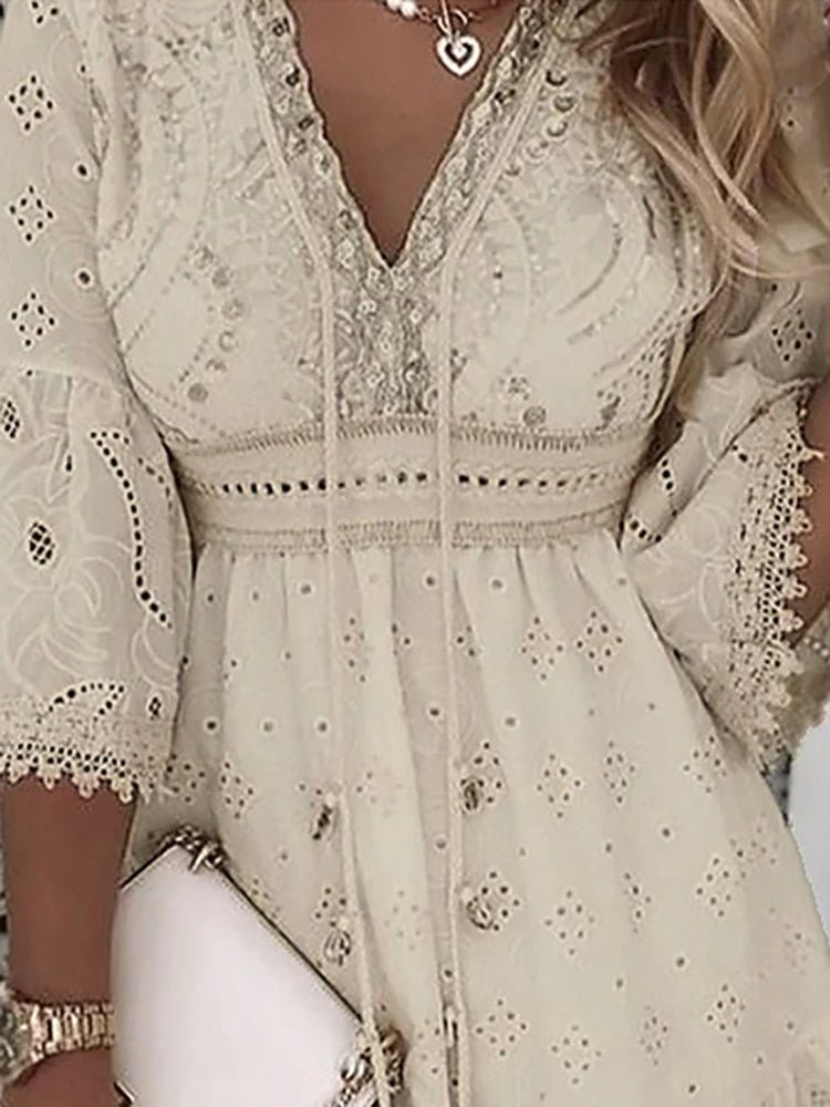 Boho V-Neck Mini Dress Embroidered Lace Bell Sleeves