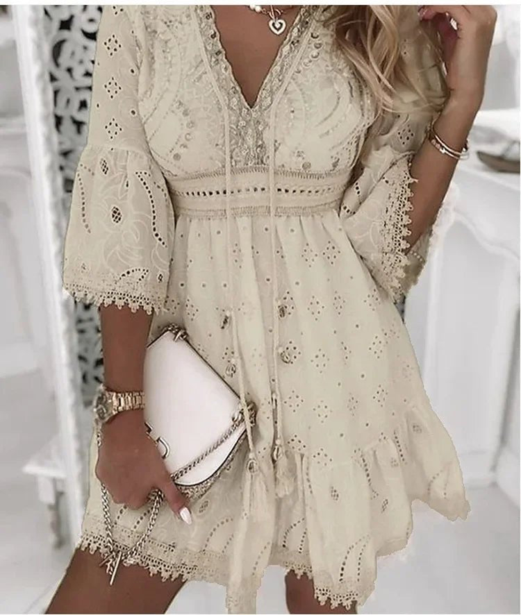 Boho V-Neck Mini Dress Embroidered Lace Bell Sleeves