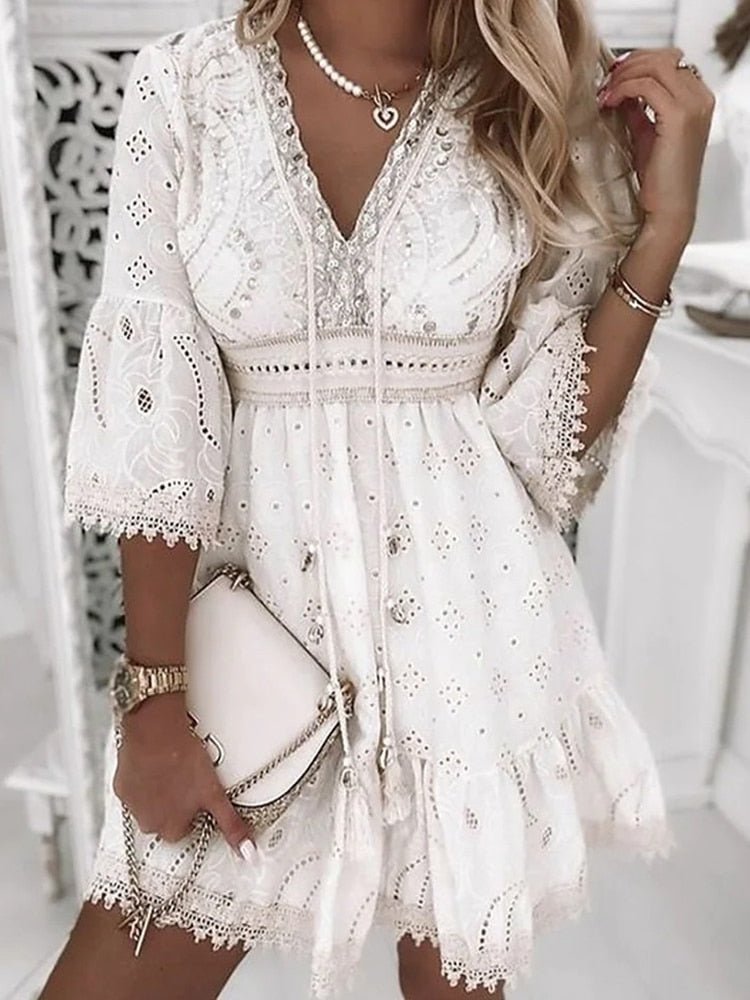 Boho V-Neck Mini Dress Embroidered Lace Bell Sleeves - White